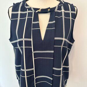 Zara Basic Navy  Blue Work Wear Blouse Top Snap Neck Collar Large Stripes
